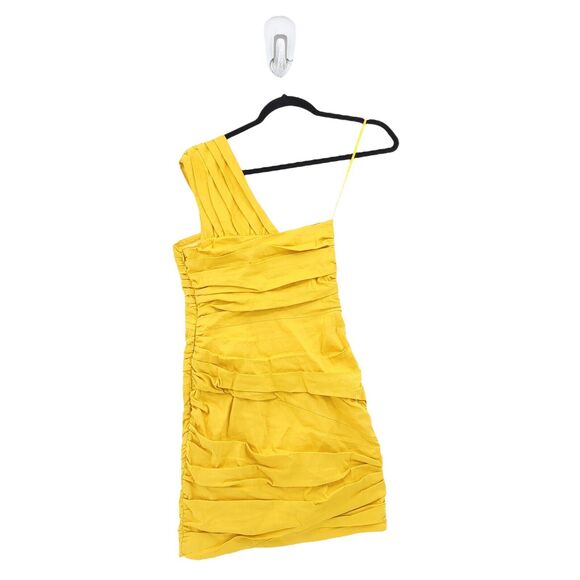 ALC Women 0 Apollo Dress Yellow Mini One Shoulder Linen Twisted Ruched Boned NEW - Picture 6 of 7